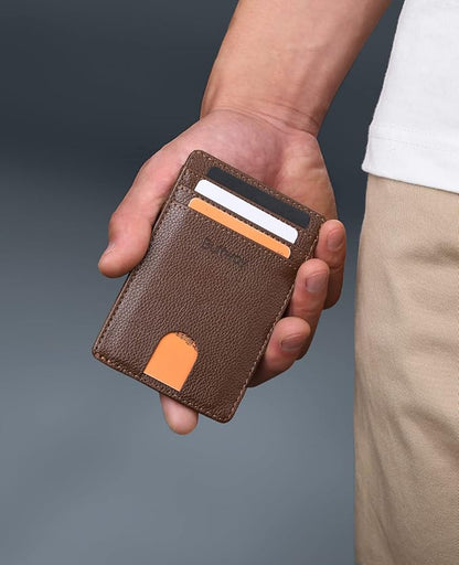 Buffway Mens Slim Wallet, Minimalist Thin Front Pocket Leather Credit Card Holder with RFID Blocking for Work Travel