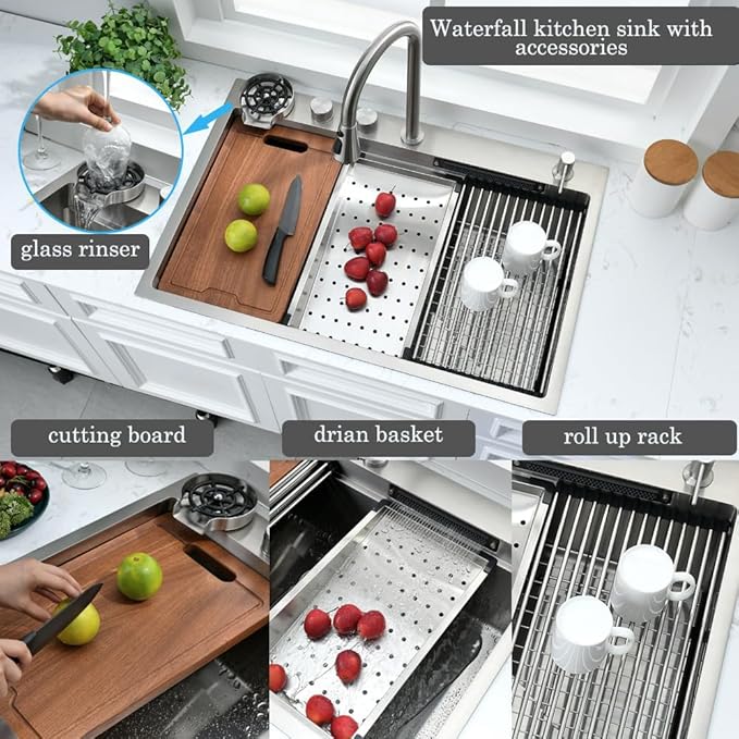 33 Inch Waterfall Drop In Kitchen Sink with Fuacet Combo-Bokaiya 33x22 Waterfall Kitchen Sink with Cup Washer Stainess Steel Top Mount 16 Gauge Multifunctional Deep Single Bowl Modern Kitchen Sinks