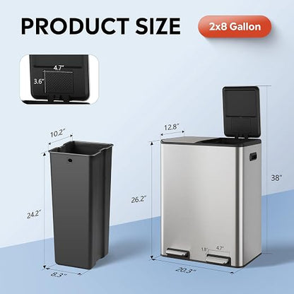 WLIVE 2 x 8 Gallon / 2 x 30 Liter Dual Trash Can, Stainless Steel Double - Image 3
