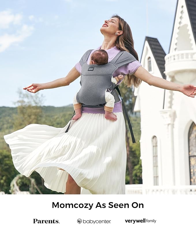 Momcozy Portable Baby Carrier – Compact & Lightweight, Adjustable for Travel, Fold & Go Convenient Storage Hip Pouch, Wide Shoulder Straps, Soft Skin-Friendly Fabric, for Babies 12–35 lbs (Grey)