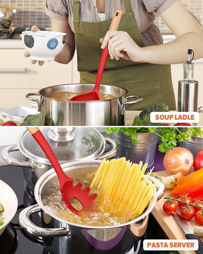Pasta Fork and Ladle Set, and Sauce Pasta, BPA-Free Matte Silicone, Wood Handle - Image 3