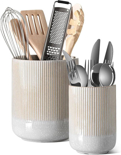 LE TAUCI Utensil Holder for Kitchen Counter, 7.3"+5.4" Fluted Ceramic Utensil by LETAUCI
