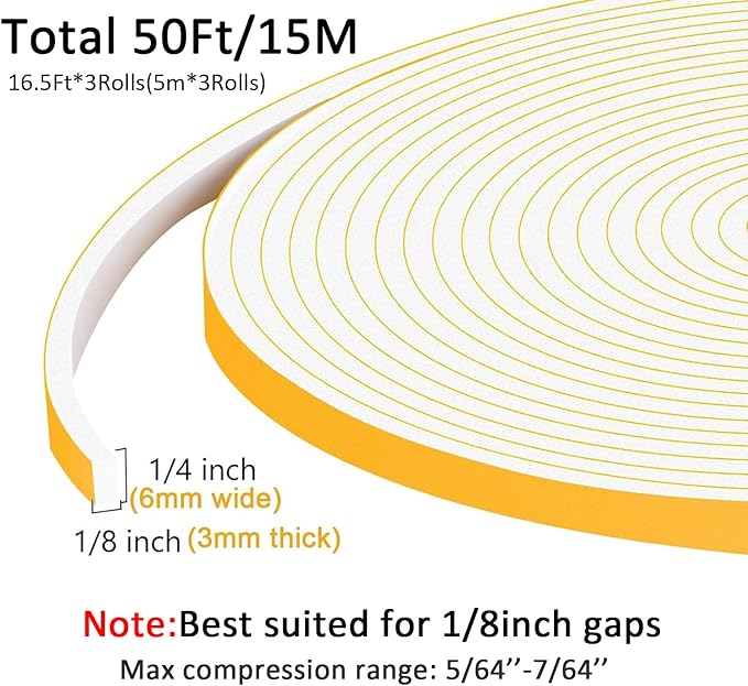Upgraded Strong Adhesive Foam Tape, Soundproof Door Insulation Weather Strip, Weatherproof Door Weather Stripping Door Seal Strip for Sliding Door, Windows, White(1/4 in x 1/8 in x 50Ft)