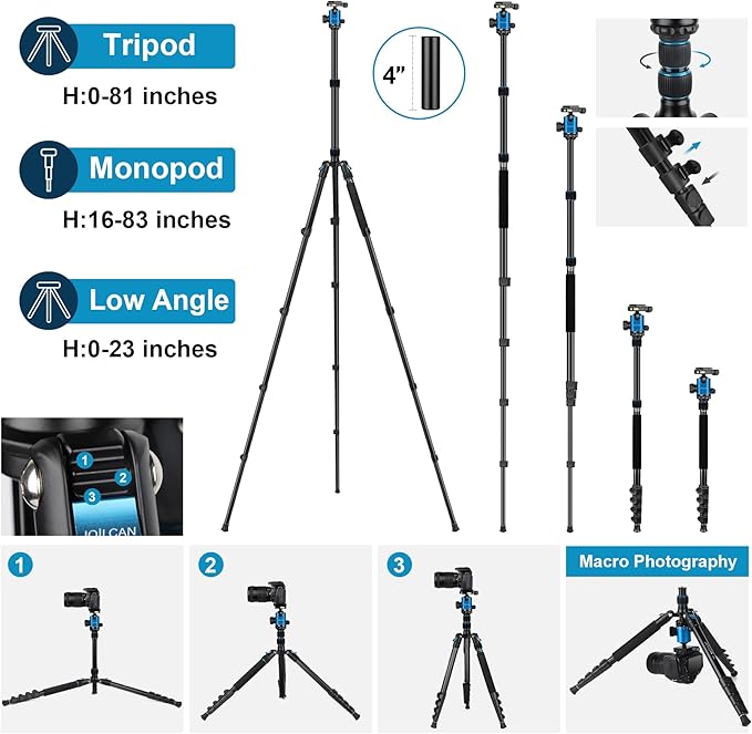 JOILCAN Tripod for Camera, 81" Aluminum Camera Tripod, 83" DSLR Tripods & Monopods, Heavy Duty Travel Tripod for Binoculars Spotting Scope Telescope, Max Load 35lb