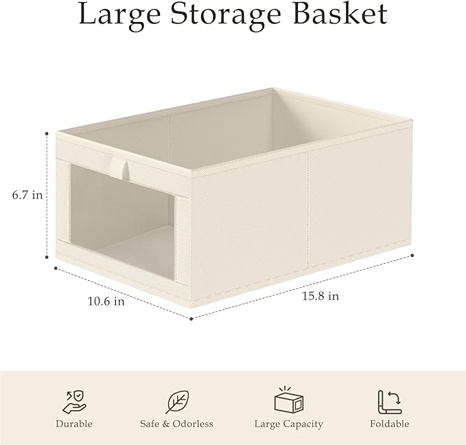 Criusia Linen Closet Organizers and Storage, 8 Pack Large Linen Closet Baskets with Mesh Window for Organization, Foldable Closet Organizer for Clothing, Towels, Toys, Nursery, Books, Shelves, Beige