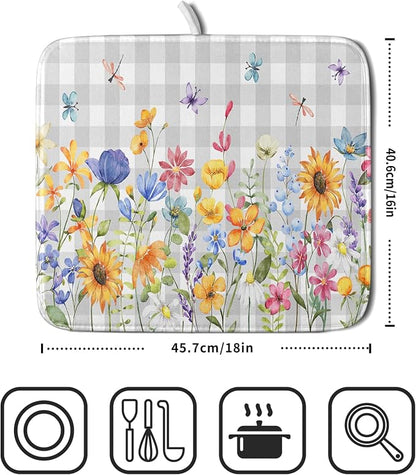 Giwawa Spring Floral Dish Drying Mat, Summer Flower Grey Buffalo Plaids Dish - Image 2