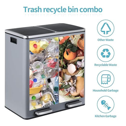 16 Gallon Rectangular Stainless Steel Trash Can, Dual Compartment Garbage Bin - Image 3
