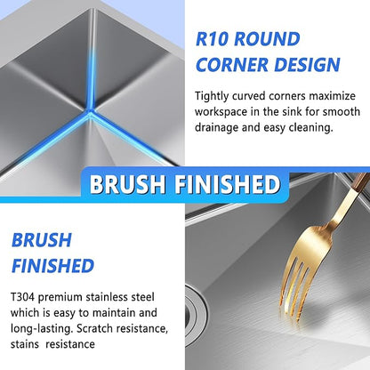 25x22 Inch Drop In Kitchen Sink, 25 Inch Kitchen Sink Top Mount 18 Gauge 304 Stainless Steel Single Bowl KitchenSink With Grid Handmade Topmount KitchenSink Drop In