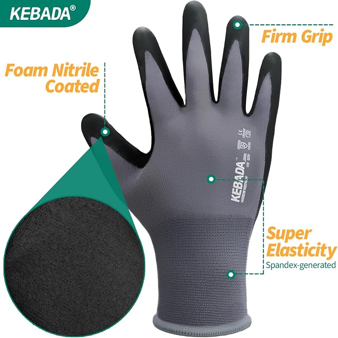 12 Pairs Work Gloves for Men and Women, Nitrile Coated Safety Protective Gloves - Image 7