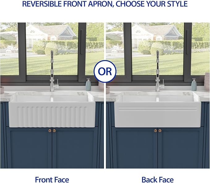 Dcolora Double Bowl Farmhouse Kitchen Sink Reversible Front Apron White Fireclay Ceramic Sinks Undermount Barn Sink 33"W×18"D×10"H,DC-A8871