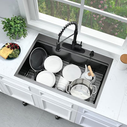 33 Inch Black Drop In Kitchen Sink Workstation-Bokaiya 33x22 Black Stainless Steel Kitchen Sinks Top Mount Ledge Workstation 16 Gauge 10" Deep Single Bowl Kitchen Sink with Cutting Board