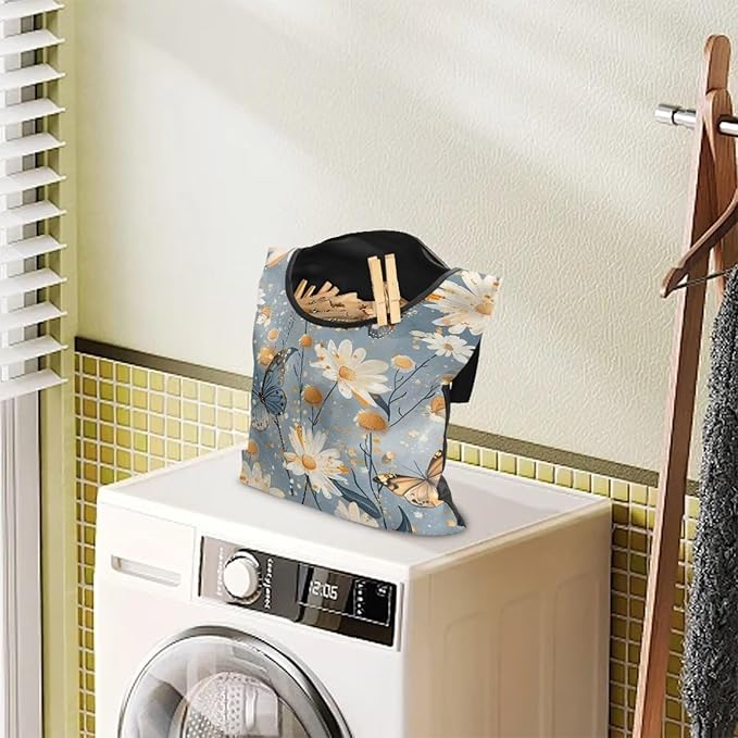 Butterfly Clothespin Bag with Hanging Rope 14.5 x 12 Inch Summer Waterproof Laundry Clothes Pin Holder Clothespin Storage Organizer with Large Opening for Home Outdoor