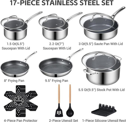 Ammeloo 17 Pcs Nonstick Stainless Steel Cookware Set, Hybrid Stainless Steel - Image 3