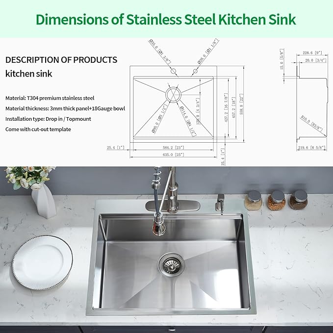 25 x 22 Inch Kitchen Sink, Drop In Stainless Steel Single Bowl Workstation Sink,with Cutting Board,for Kitchen, Laundry, Utility Room