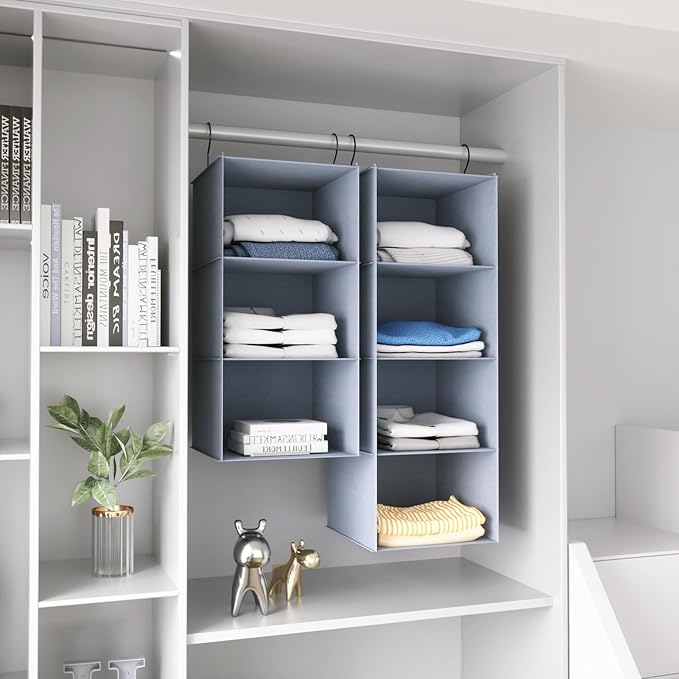 Hanging Closet Organizer and Storage 3-Shelf, Easy Mount Foldable Hanging Closet Wardrobe Storage Shelves, Clothes Handbag Shoes Accessories Storage, Washable Oxford Cloth Fabric, Gray