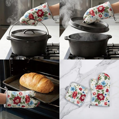 Floral Oven Mitts and Pot Holders Sets 2 Pcs, Canvas Heat Resistant Kitchen - Image 7