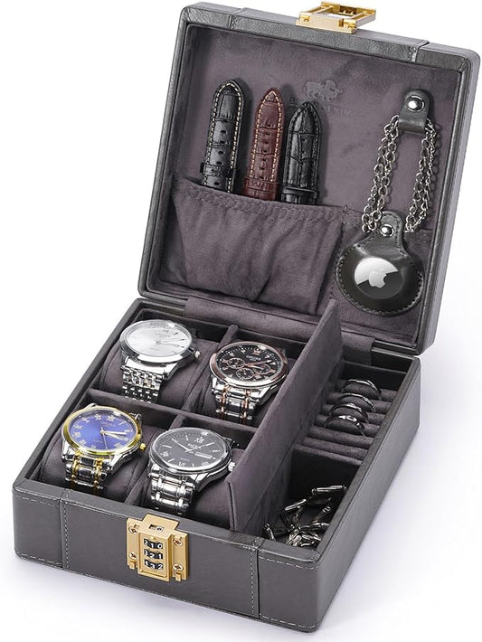 BISON DENIM Watch Box, 4 Watch Travel Case with Combination Lock - PU Leather Men's Watch Storage Box & Jewelry Organizer with Ring Slots & Necklace Hooks, Secure Travel Case, Grey