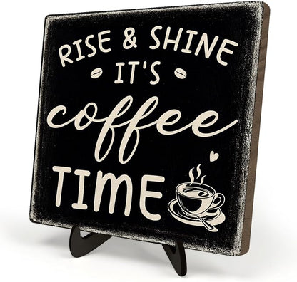 Farmhouse Coffee Bar Sign, Rise & Shine It's Coffee Time Desk Wooden Sign by DMADNF