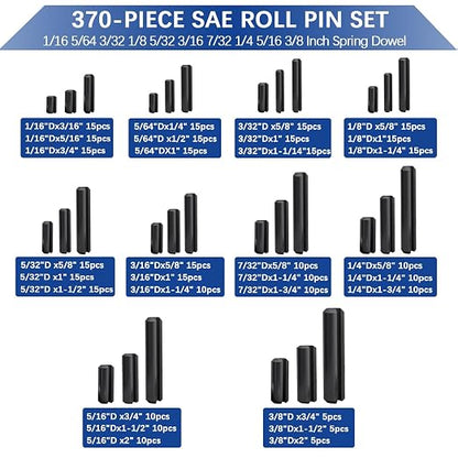 370 Pcs Roll pin Assortment, SAE Roll Pin Set, Slotted Spring Pins, Steel Split - Image 2