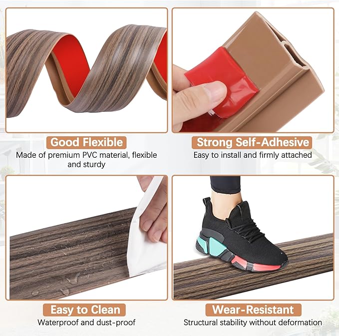 Vinyl Door Threshold Flooring Transition Strip Self Adhesive Carpet Edging Strip for Laminate Doorway Edge Threshold from 1/5" to 2/5" (Grayish Brown Wood Grain, 10 Ft)