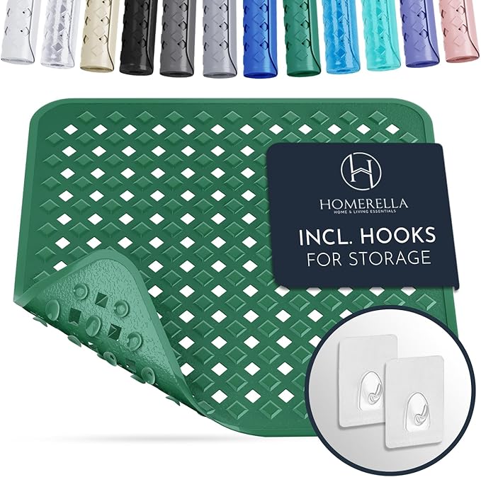 Homerella Anti Slip Shower Mat | Anti Mold Non Slip Bathtub Mat for Inside Shower | Square Floor Shower Mat 21 x 21 inch with Suction Cups for Grip & Hooks Hanging and Quick Drying | Machine Washable