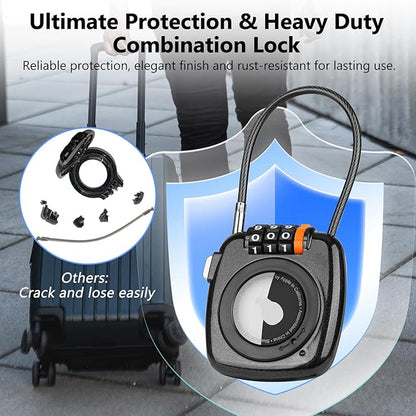 Compatible with Apple AirTag Secure Lock with Wire Cable, 3-Digit Combination Luggage Locks, Alloy Body Ultra Durable Anti-Lost Protective Case for Luggage, Bags, Suitcase, and Backpacks (BLACK)