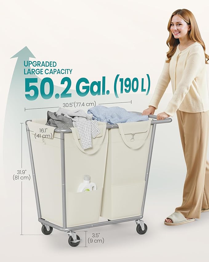 SONGMICS Laundry Basket with Wheels, 2-Section Laundry Sorter, 50.2 Gallons (190 L) Rolling Hamper with Removable Bags, Heavy-Duty Steel Frame, Cream White URLS009W01