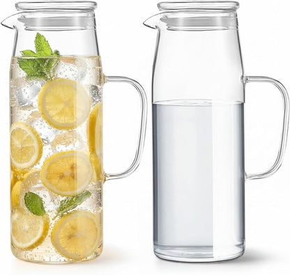Hsei 2 Sets Glass Pitcher with Lid, 67.6 oz / 2000 ml Water Carafe with Handles by Hsei