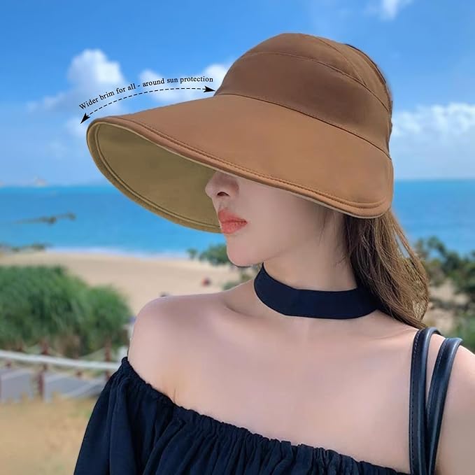 Sun Hats for Womens Wide Brim UV Protection Fishing Hats Packable Reversible Hollow Top Hat with Ponytail Beach Travel Hats