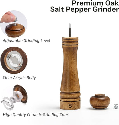 Wooden Salt and Pepper Grinder Set, Premium Oak Wood Salt Grinders Shakers - Image 2