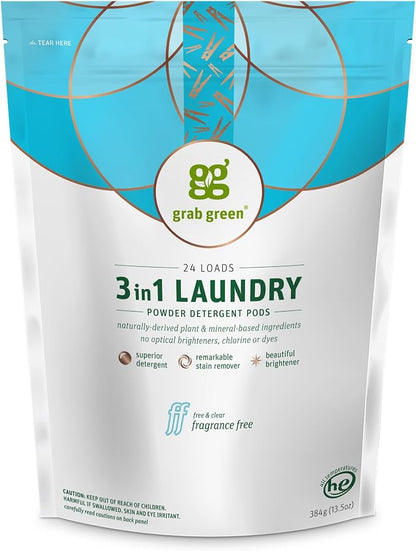 Grab Green 3-in-1 Laundry Detergent Pods, Fragrance Free, Plant and Mineral by GrabGreen