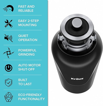 KRAUS Standart PRO™ 23-inch 16 Gauge Undermount Single Bowl Stainless Steel Kitchen Sink with WasteGuard™ Continuous Feed Garbage Disposal, KHU101-23-100-75MB