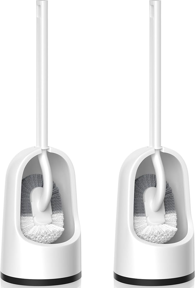 Toilet Brush, 2 Pack Toilet Brush and Holder Set with Durable Curved BristlesToilet Scrubber, Toilet Bowl Brush with Extra Long Handle,Toilet Cleaner with Caddy for Bathroom Deep Cleaning (2, White)