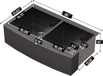 36-Inch Undermount Kitchen Sink Workstation, 16 Gauge Stainless Steel Double Bowl Kitchen Sink with Cutting Board, Drying Rack, Roll-Up Rack and Drain Assembly