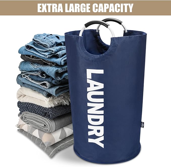 DOKEHOM 90L Large Laundry Basket, Collapsible Laundry Bag, Freestanding Tall Clothes Hamper, Foldable Washing Bin (Dark Blue)