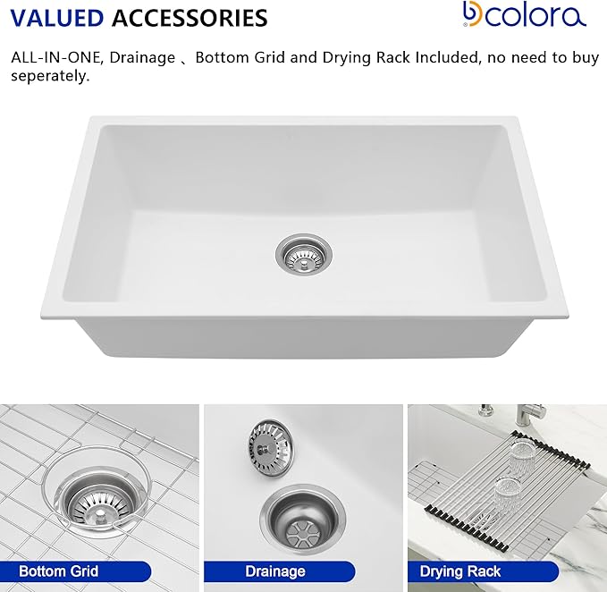 Dcolora 33" Quartz Granite Composite White Kitchen Sink Undermount Sink Deep Single Bowl, Round Corner, 33"x19", DC-GU7750