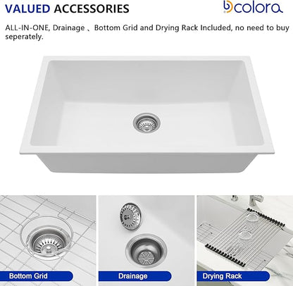 Dcolora 33" Quartz Granite Composite White Kitchen Sink Undermount Sink Deep Single Bowl, Round Corner, 33"x19", DC-GU7750