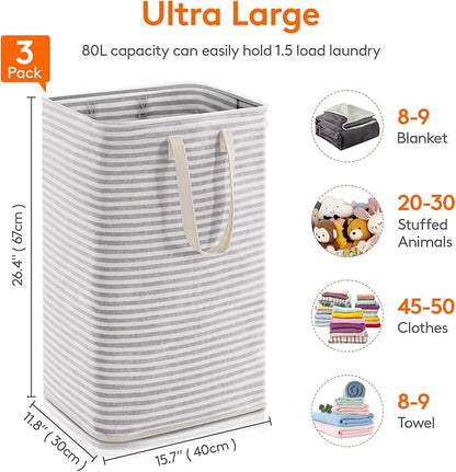 Lifewit 3 Pack Laundry Hamper Large Collapsible Laundry Baskets, Freestanding Waterproof Clothes Hamper with Easy Carry Handles in Laundry Room Bedroom Bathroom College Dorm for Adults, Gray, 3 x 80L