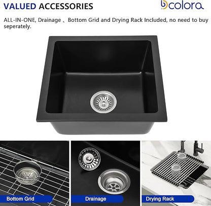 Dcolora 18 Inch Quartz Composite Black Wet Bar Sink Undermount Small Prep Granite Composite Kitchen Sink RV Single Bowl Under Counter, 18"x 16", DC-GU7746
