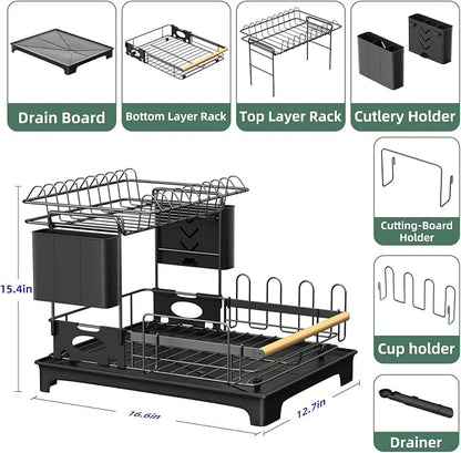 2-Tier Dish Rack with Drainboard: Large Capacity Anti-Rust Kitchen Counter - Image 3