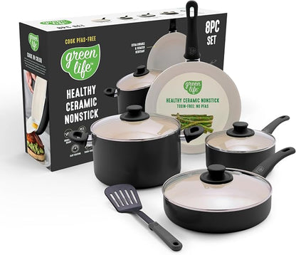 GreenLife 8 Piece Nonstick Cookware Set, Non-Toxic PFAS-Free Ceramic Pots & Pans by GreenLife