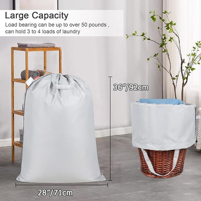 Polecasa Heavy Duty Large Laundry Bag with 130gsm Tear Resistant Fabric and Handles, Easy to Carry Durable Dirty Clothes Drawstring Bag, Perfect for College Dorm, Travel, 2 Pack 28”x36”, Silver