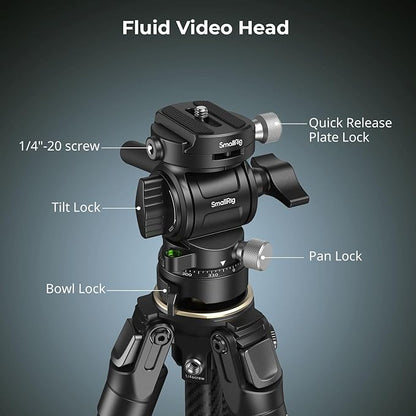 SmallRig Portable Carbon Fiber Travel Tripod Kit, 61.8'' Video Camera Tripod Monopod Video Head, Built-in QR Plate for Arca, Switchable Centre Column, Max Load 3kg / 6.6lb for Cameras, DSLR