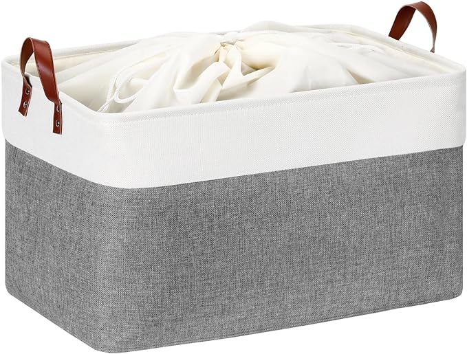 DULLEMELO Extra Large Storage Basket for Organizing, 70L Oversized Storage Bin Foldable Canvas Fabric Blanket Basket, 22" x 15" x 13" Large Kids Toy Basket Organizer with Handles (White&Grey)