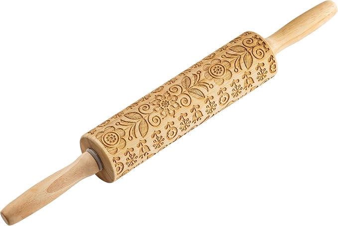 TableCraft Embossed Beech Wood Rolling Pin – 15.25 Inches, Fall Leaf Imprint by TableCraft