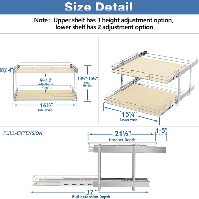 ROOMTEC 2 Tier Individual Pull Out Cabinet Organizer 16½"W x 21½"D, Slide Out - Image 3