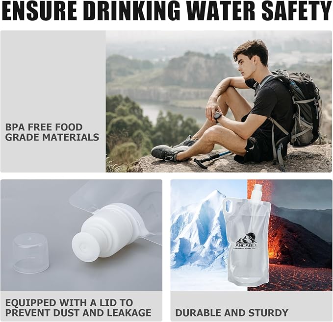 1L Hiking Collapsible Water Bottles, 6-Pack 33OZ BPA-Free Foldable Backpacking Water Bottle for Travel Camping Hiking