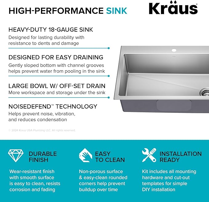 KRAUS Fairlane 33-inch Drop In/Top Mount Single Bowl 18-Gauge Stainless Steel Kitchen Sink, KHT640-33