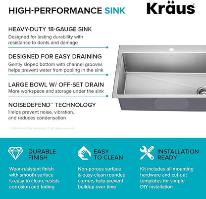 KRAUS Fairlane 33-inch Drop In/Top Mount Single Bowl 18-Gauge Stainless Steel Kitchen Sink, KHT640-33