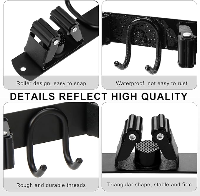 Mop Broom Holder Wall Mount, Black Stainless Steel Tool Storage Organizer for Kitchen Garden Garage Laundry Room Bathroom and RV with 4 Slots 6 Hooks